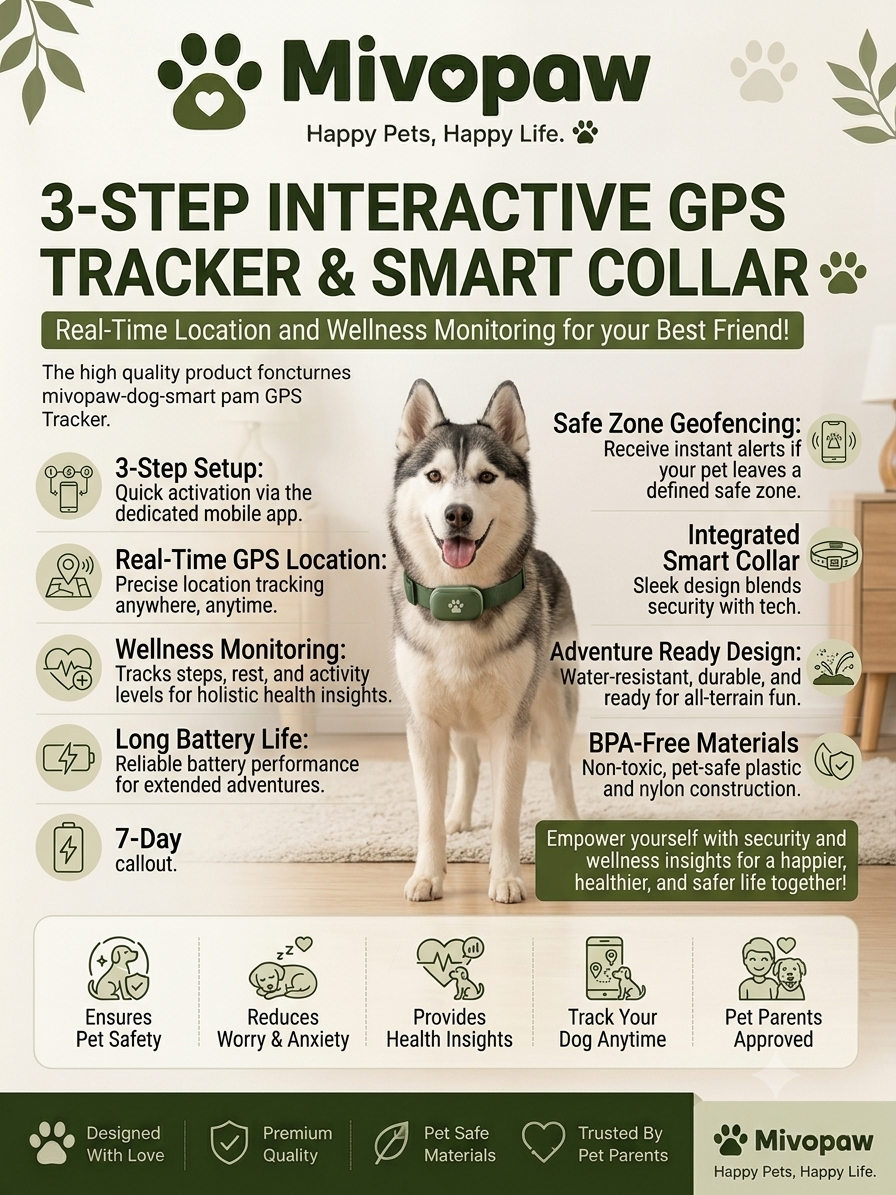 Mivopaw 3-Step Interactive GPS Tracker & Smart Collar – Real-Time Tracking & Wellness Monitoring