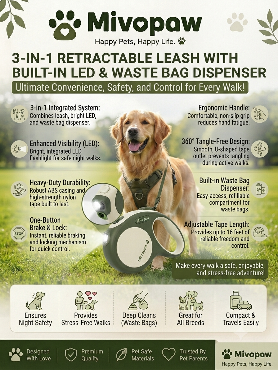 Mivopaw 3-in-1 Retractable Leash – All-in-One Convenience for Every Walk