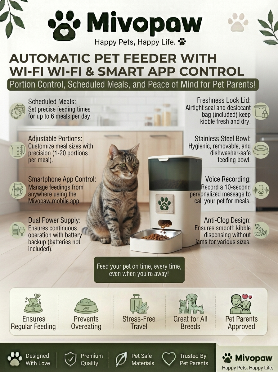 Mivopaw Automatic Pet Feeder with Wi-Fi & Smart App Control – Portion Control and Peace of Mind