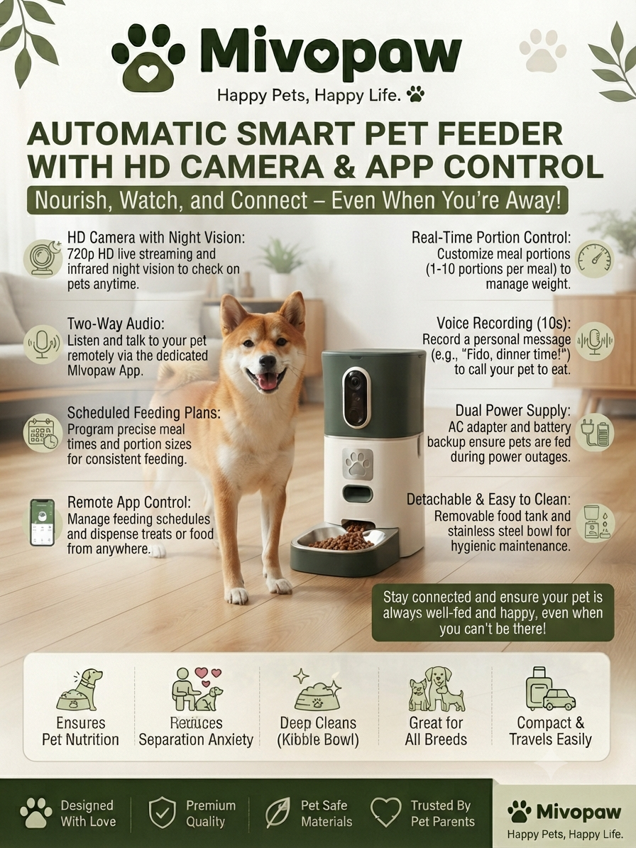 Mivopaw Automatic Smart Pet Feeder – HD Camera & App-Controlled Feeding