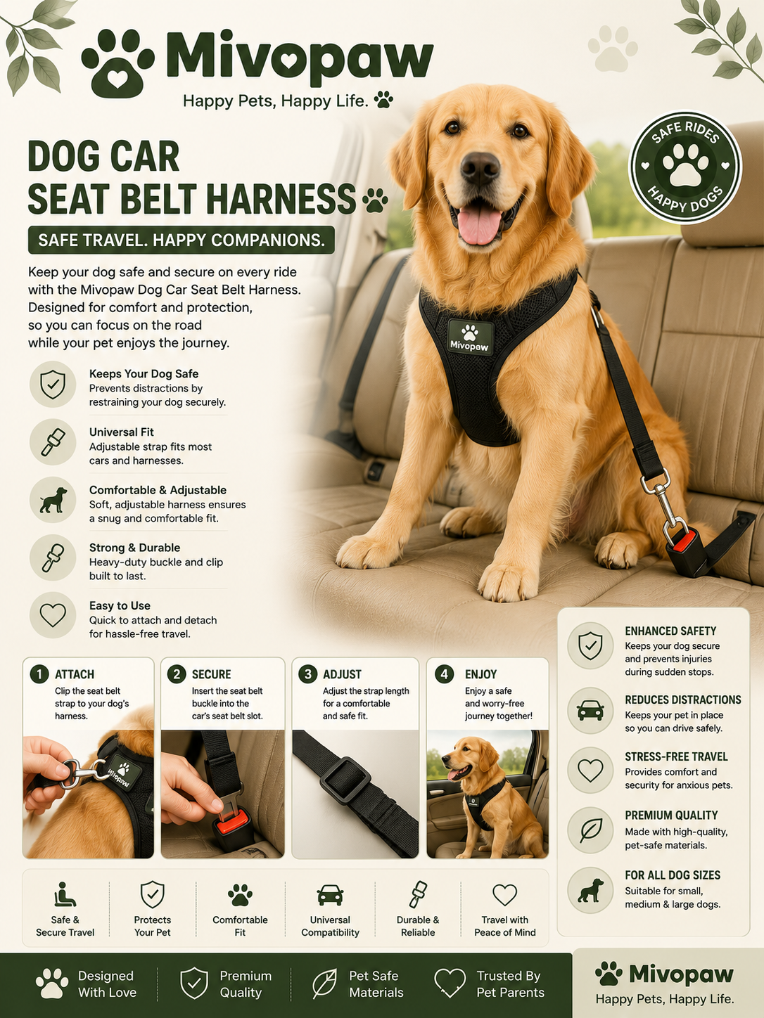 Mivopaw Dog Car Seat Belt Harness – Adjustable Safety Harness for Secure Travel
