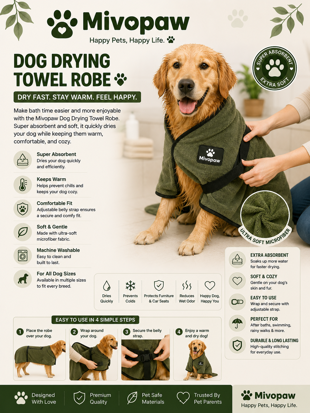 Mivopaw Dog Drying Towel Robe – Super Absorbent Microfiber Bath Towel for Dogs