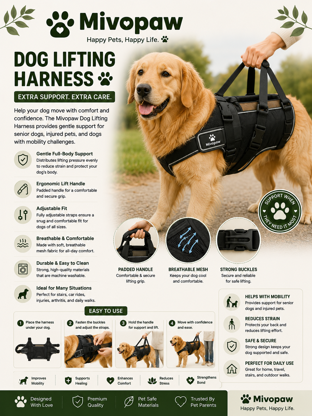 Mivopaw Dog Lifting Harness – Full Body Support Harness for Senior & Injured Dogs