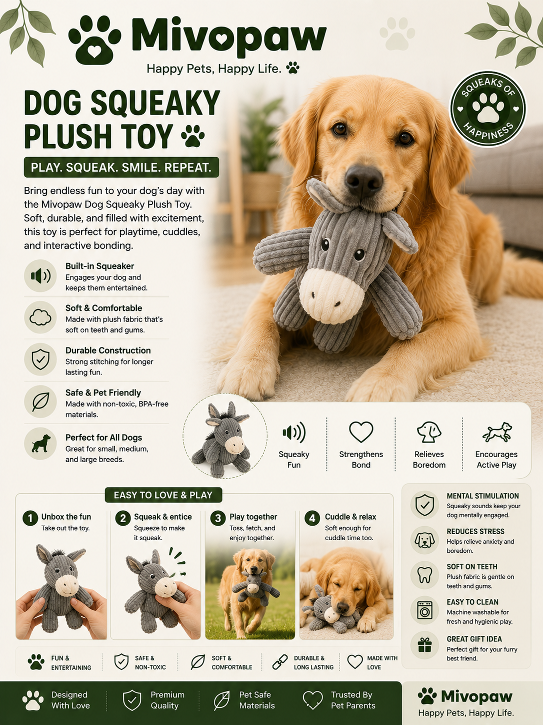 Mivopaw Dog Squeaky Plush Toy – Soft Interactive Chew Toy for Puppies & Dogs