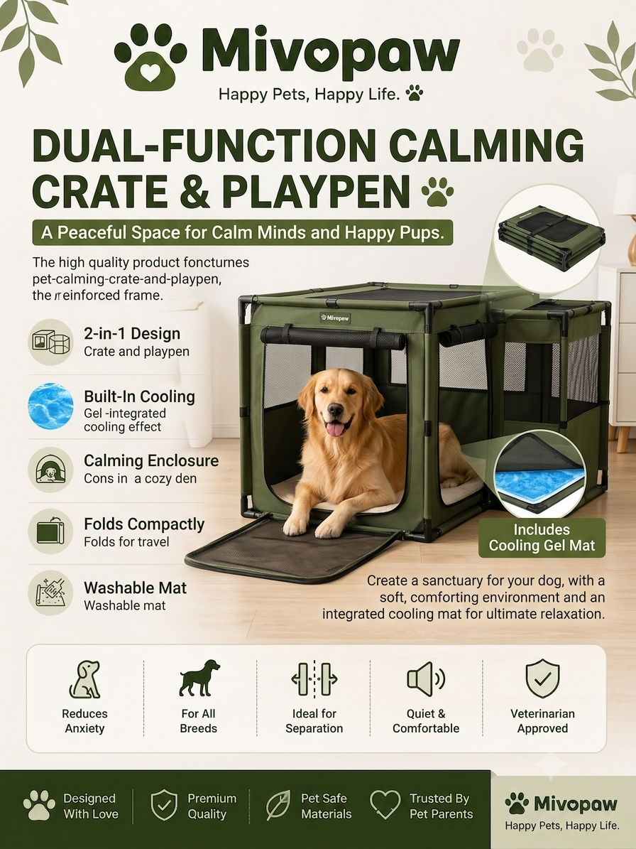 Mivopaw Dual-Function Calming Crate & Playpen – 2-in-1 Anxiety-Reducing Enclosure with Cooling Gel Mat