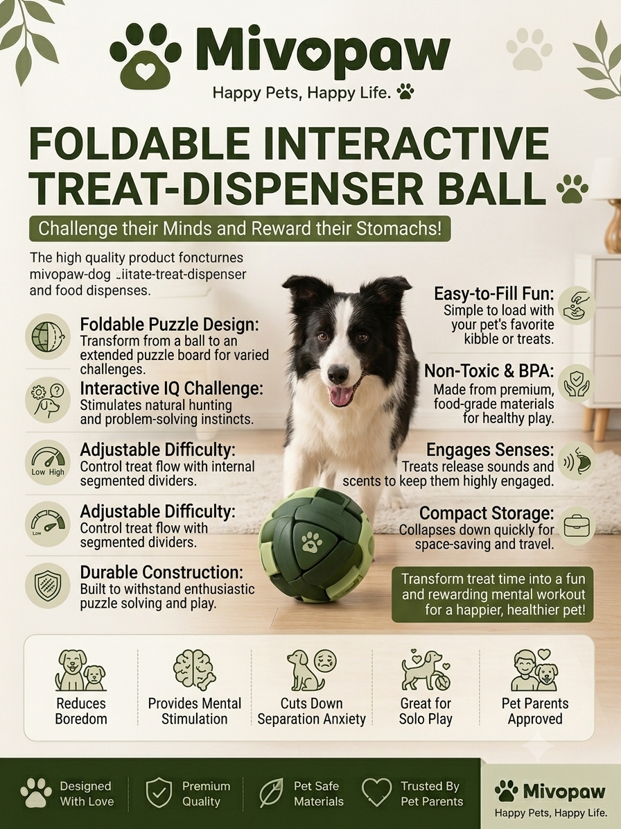 Mivopaw Foldable Interactive Treat-Dispenser Ball – Smart Puzzle Toy for Pet Entertainment and Mental Stimulation