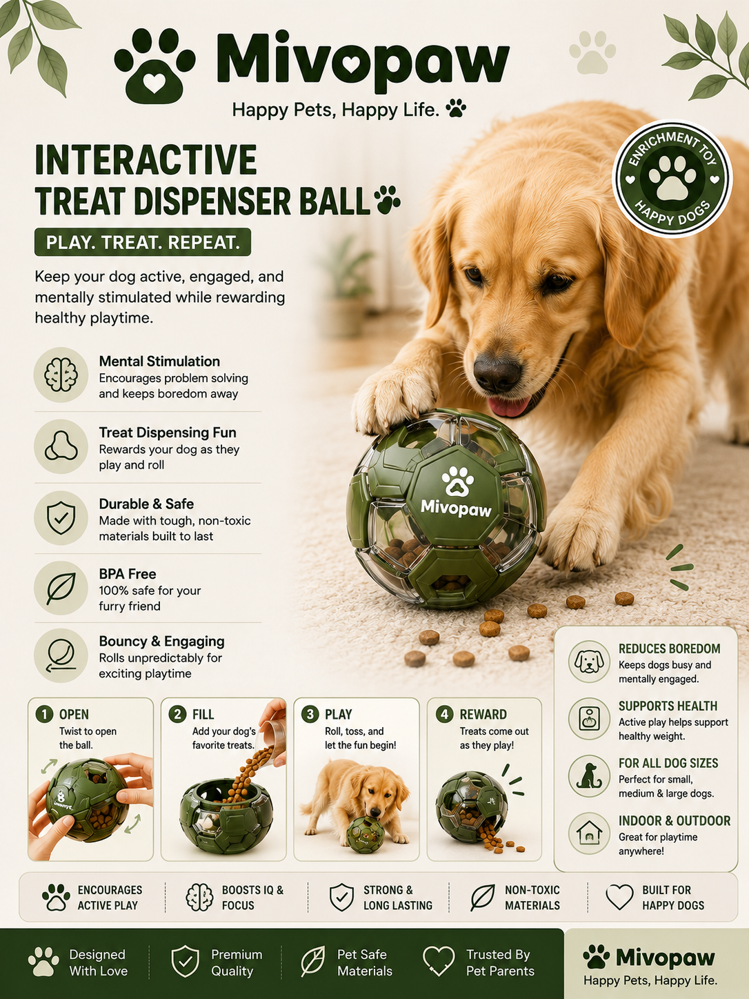 Mivopaw Interactive Treat Dispenser Ball – IQ Puzzle Toy for Dogs
