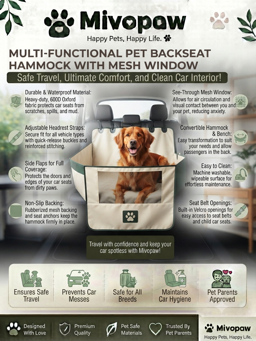 Mivopaw Multi-Functional Pet Backseat Hammock with Mesh Window – Safe Travel and Clean Car Interior