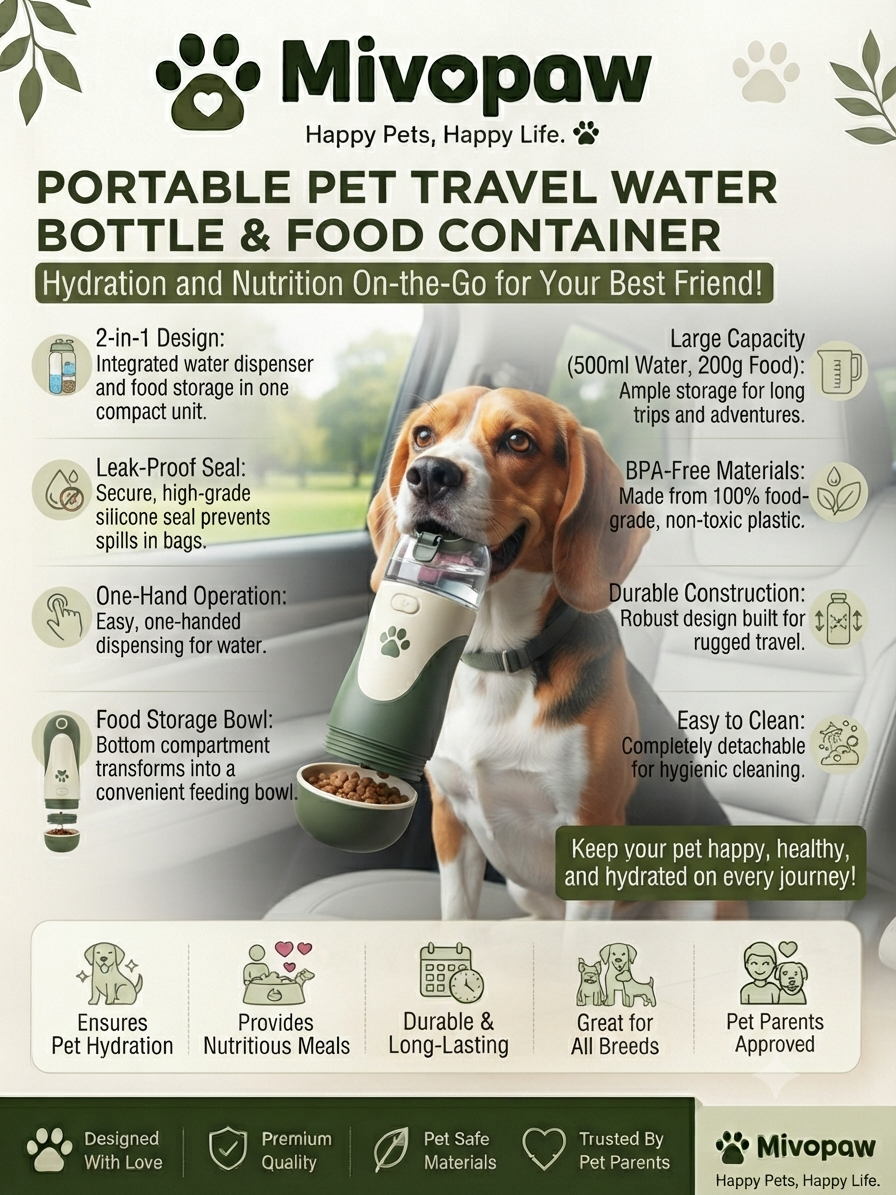 Mivopaw Portable Pet Travel Water Bottle & Food Container – Hydration and Nutrition On-the-Go