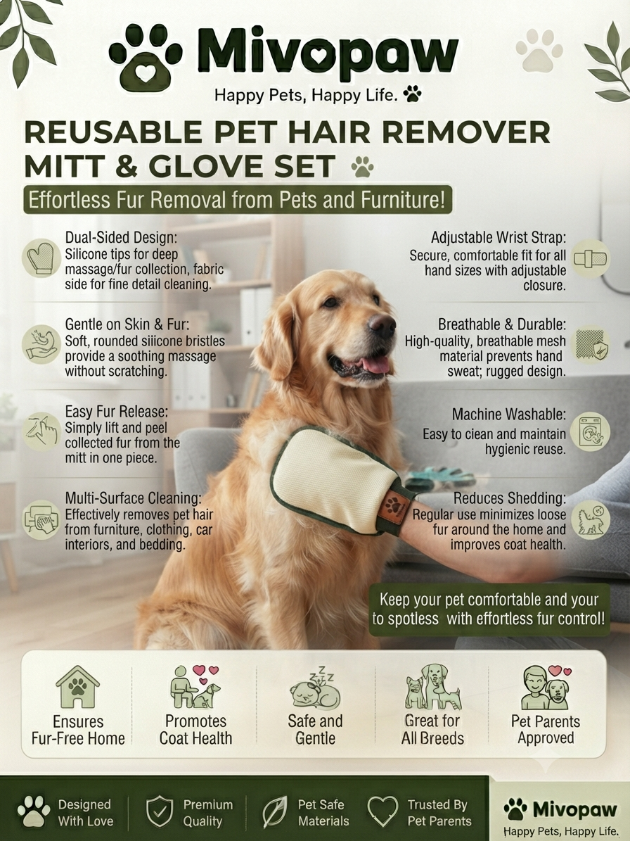 Mivopaw Reusable Pet Hair Remover Mitt & Glove Set – Effortless Fur Removal from Pets and Furniture