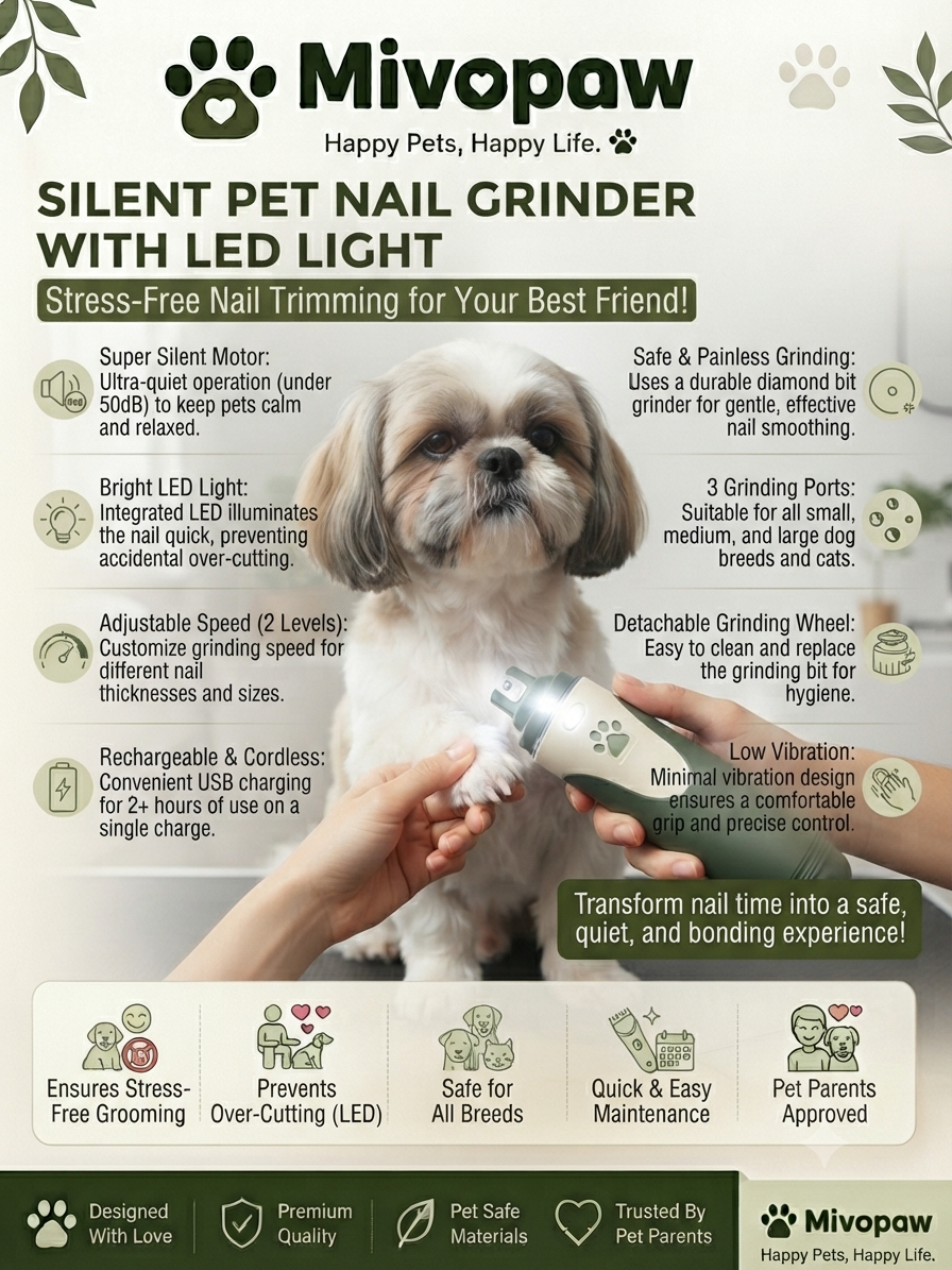 Mivopaw Silent Pet Nail Grinder – Stress-Free Grooming with LED Light
