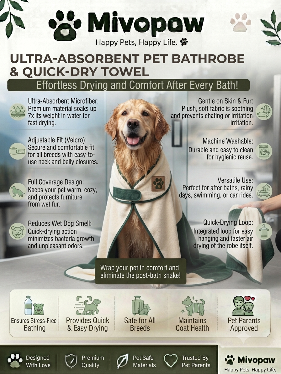 Mivopaw Ultra-Absorbent Pet Bathrobe & Quick-Dry Towel – Effortless Drying and Comfort After Every Bath