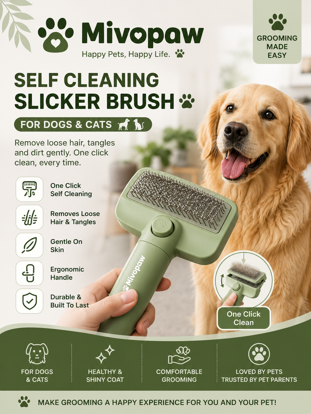 Self Cleaning Slicker Brush | Pet Grooming Brush for Dogs & Cats